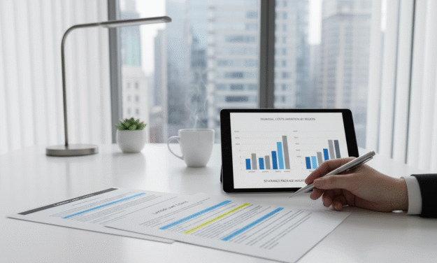 Escritorio ejecutivo con documentos legales subrayados y una mano analizando el texto, junto a una tablet que muestra gráficos sobre variación de costos de despido. Composición moderna y profesional en un entorno corporativo.