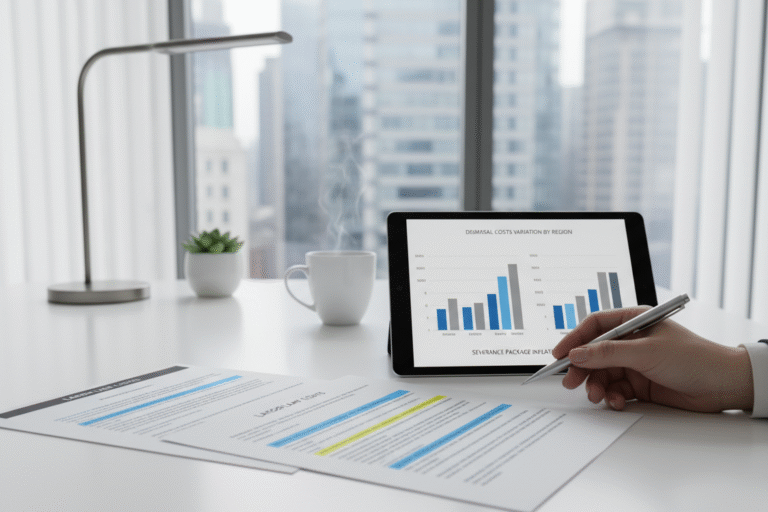 Escritorio ejecutivo con documentos legales subrayados y una mano analizando el texto, junto a una tablet que muestra gráficos sobre variación de costos de despido. Composición moderna y profesional en un entorno corporativo.