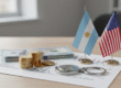 Banderas de Argentina y Estados Unidos dispuestas sobre un escritorio junto a monedas, billetes y un gráfico financiero, representando un acuerdo comercial bilateral.