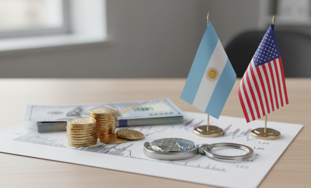 Banderas de Argentina y Estados Unidos dispuestas sobre un escritorio junto a monedas, billetes y un gráfico financiero, representando un acuerdo comercial bilateral.