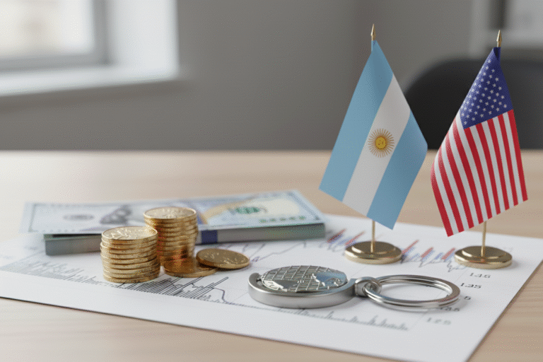 Banderas de Argentina y Estados Unidos dispuestas sobre un escritorio junto a monedas, billetes y un gráfico financiero, representando un acuerdo comercial bilateral.