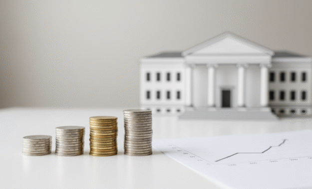 Del cabildo republicano al concejal asalariado: la distorsión actual en la representación municipal Pilas de monedas en distintos niveles frente a una ilustración minimalista de un edificio institucional y un gráfico ascendente, representando el aumento del costo de los órganos deliberativos municipales.