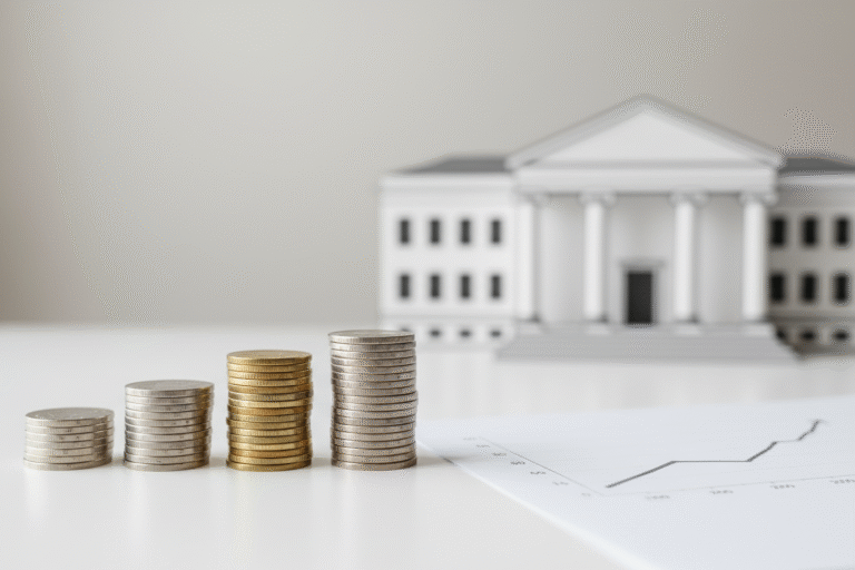 Pilas de monedas en distintos niveles frente a una ilustración minimalista de un edificio institucional y un gráfico ascendente, representando el aumento del costo de los órganos deliberativos municipales.