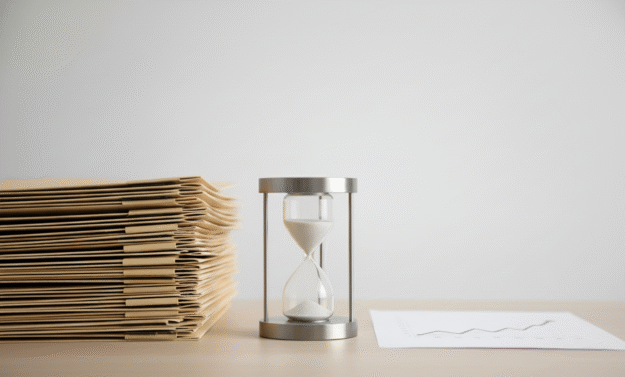 Pila de expedientes junto a un reloj de arena metálico sobre un escritorio, simbolizando el paso del tiempo y la acumulación de causas judiciales.