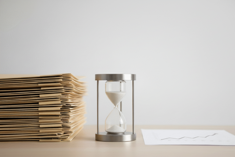 Pila de expedientes junto a un reloj de arena metálico sobre un escritorio, simbolizando el paso del tiempo y la acumulación de causas judiciales.