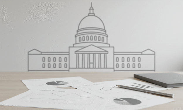 El Congreso frente al presupuesto: control legítimo u obstáculo institucional Documentos con gráficos y análisis presupuestario sobre un escritorio, con una ilustración del Congreso de fondo, representando el debate legislativo sobre el presupuesto nacional.