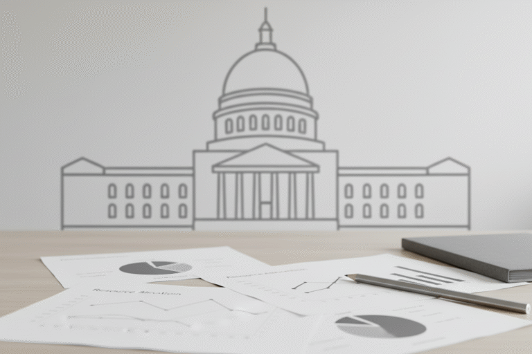 Documentos con gráficos y análisis presupuestario sobre un escritorio, con una ilustración del Congreso de fondo, representando el debate legislativo sobre el presupuesto nacional.