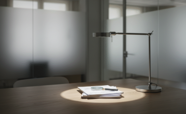 Documentos bajo un foco de luz que delimita un examen selectivo, en referencia al nuevo enfoque en el sistema de registro de marcas.