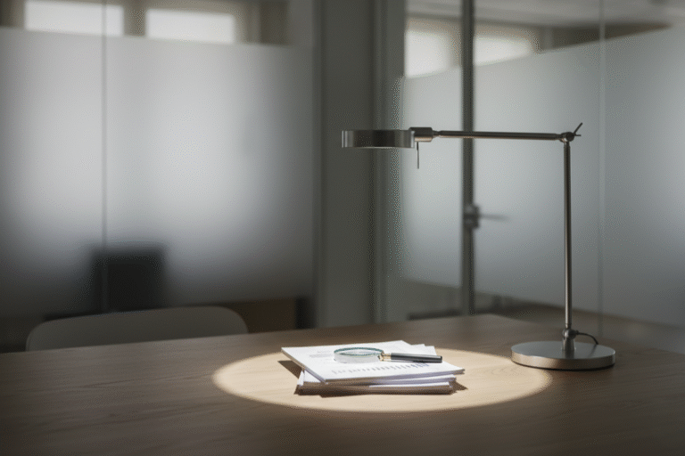 Documentos bajo un foco de luz que delimita un examen selectivo, en referencia al nuevo enfoque en el sistema de registro de marcas.