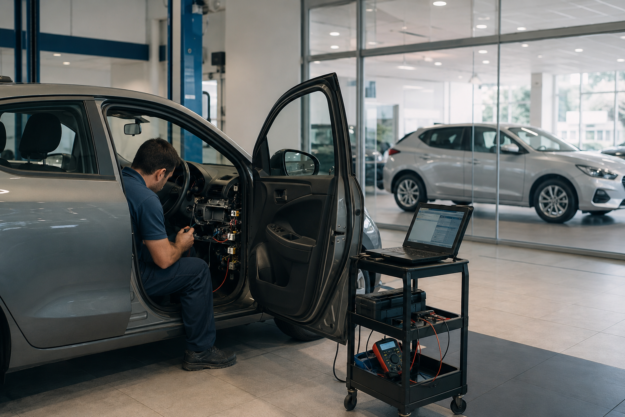 Técnico revisando el sistema eléctrico de un vehículo en garantía.