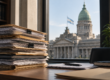 Documentación y expedientes sobre un escritorio, con el Congreso de la Nación Argentina de fondo.