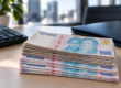 Billetes argentinos sobre un escritorio.