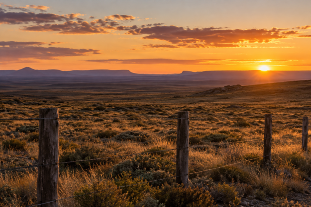 Alambrado de postes de madera atravesando un campo abierto de la Patagonia al atardecer