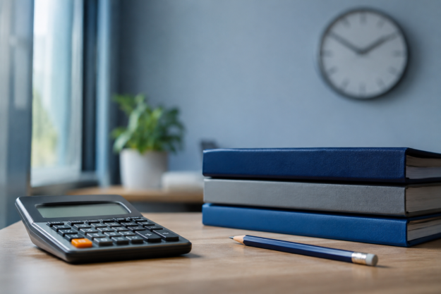 Escritorio de oficina en tonos azules Escritorio de oficina con una calculadora, carpetas cerradas y un reloj de pared desenfocado al fondo.